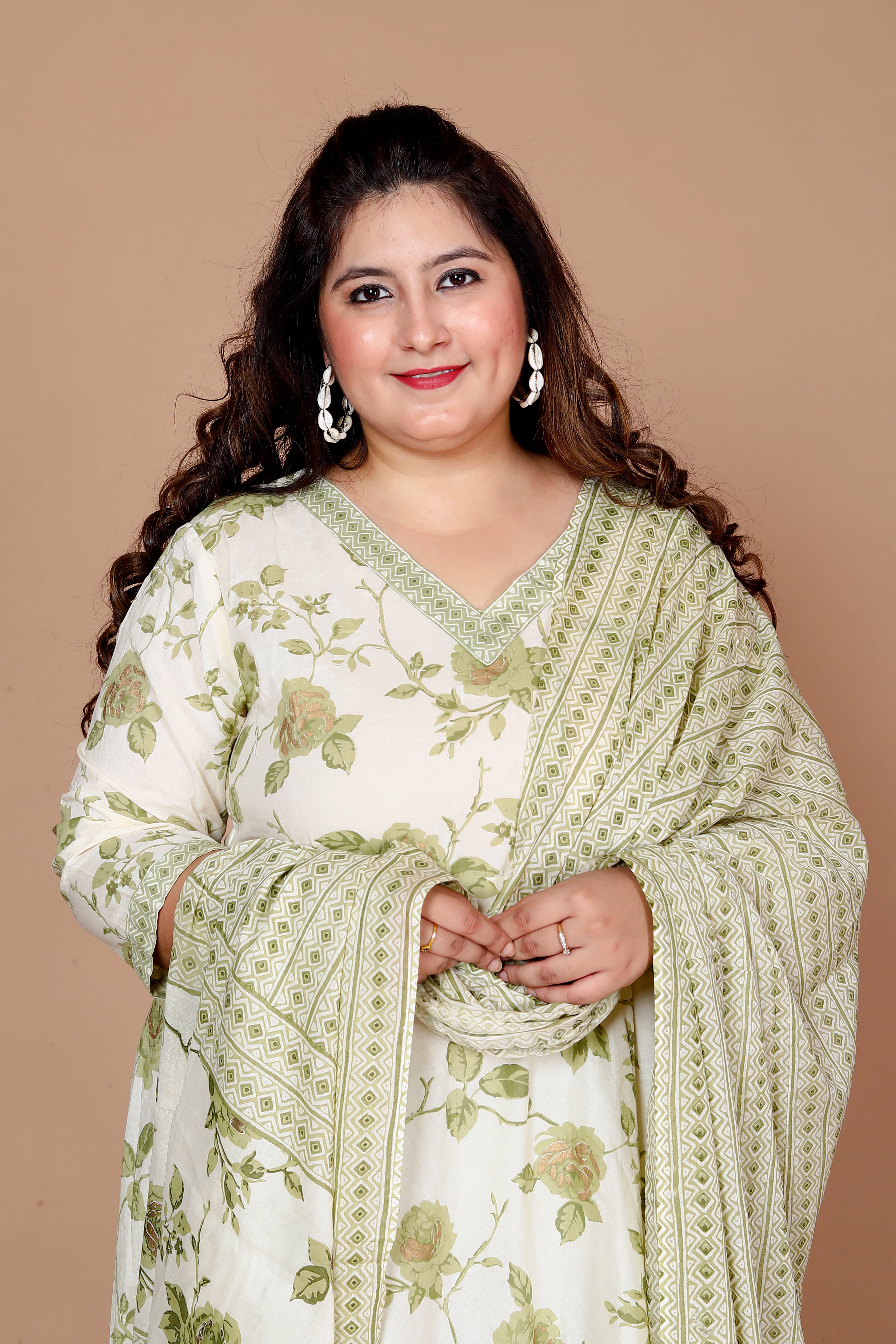 Green Floral Printed Cotton Anarkali Kurta with Palazzo and Dupatta Set